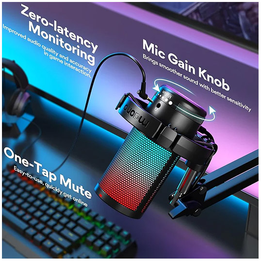 Maonocaster Gaming USB Microphone With Boom Arm for Streaming Black