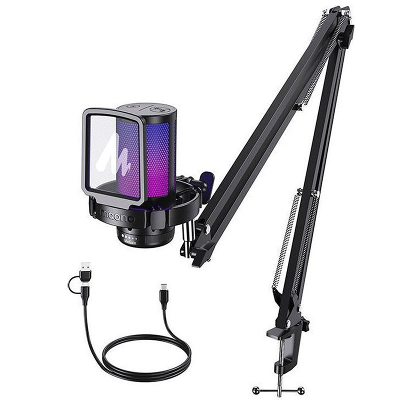 Maonocaster Gaming USB Microphone With Boom Arm for Streaming Black