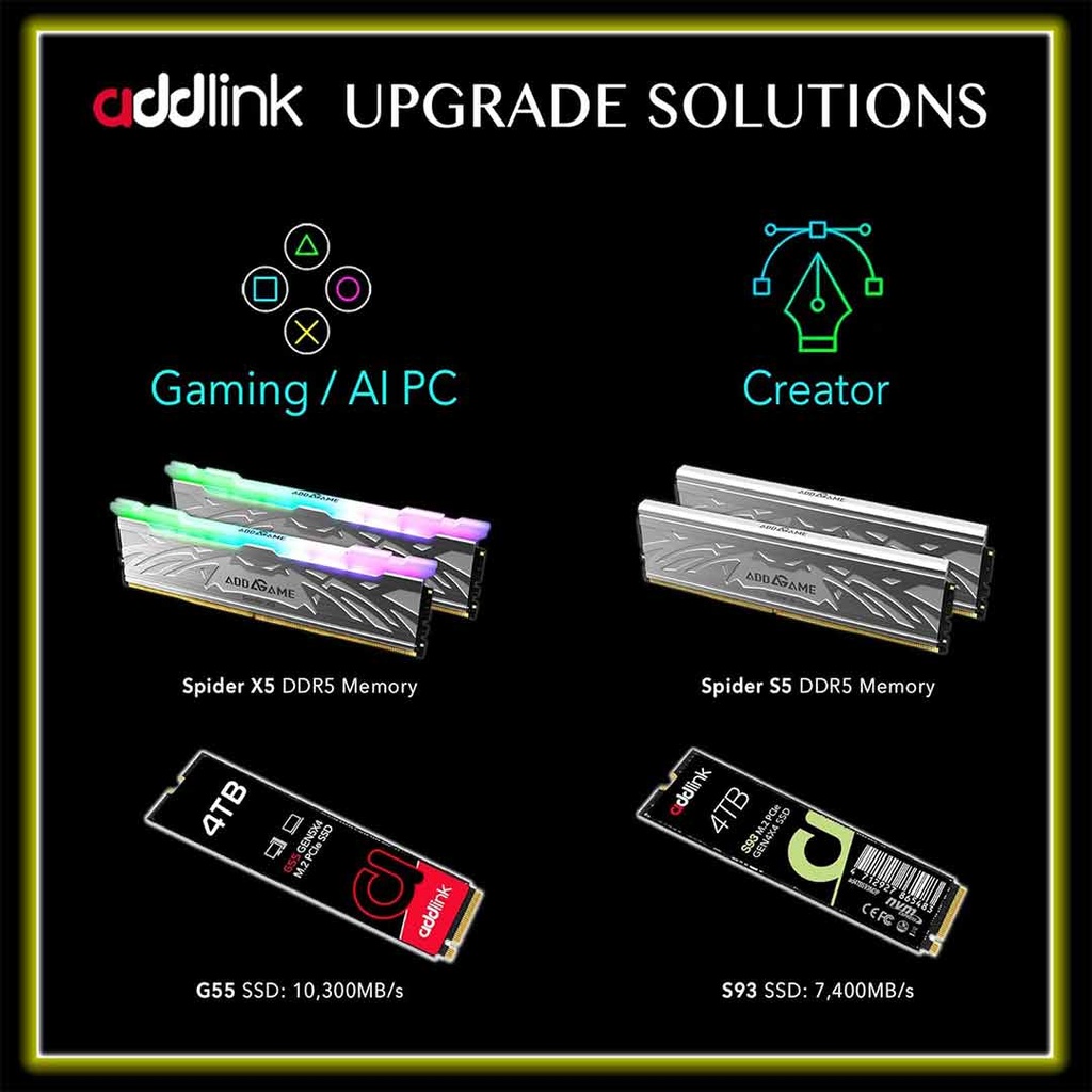 addlink SSD 1TB M.2 2280 PCIe GEN5X4 NVMe  ( Up to R:10200 , W:8300)