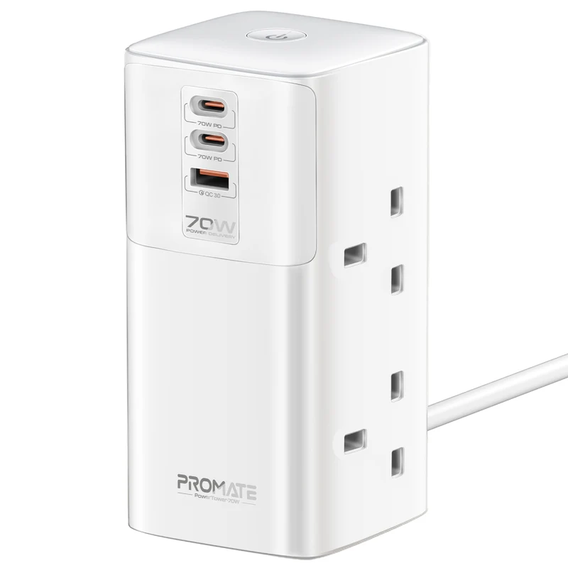 Promate Multi-Port 70W Charging Station With Quad AC Socket White